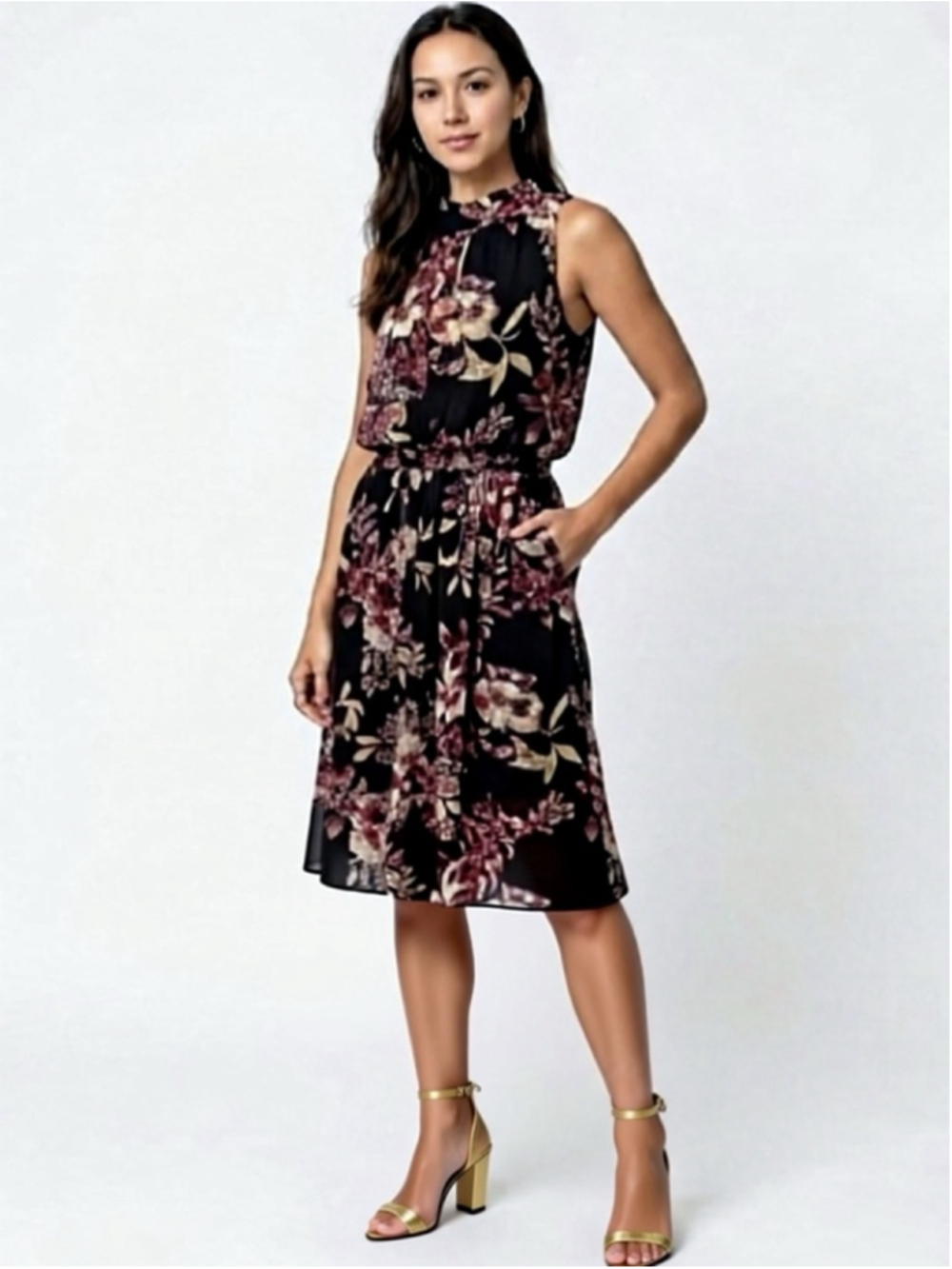 Soiéblu Floral Halter Maxi Dress Black S Wedding Guest Boho Smocked Chiffon Tie